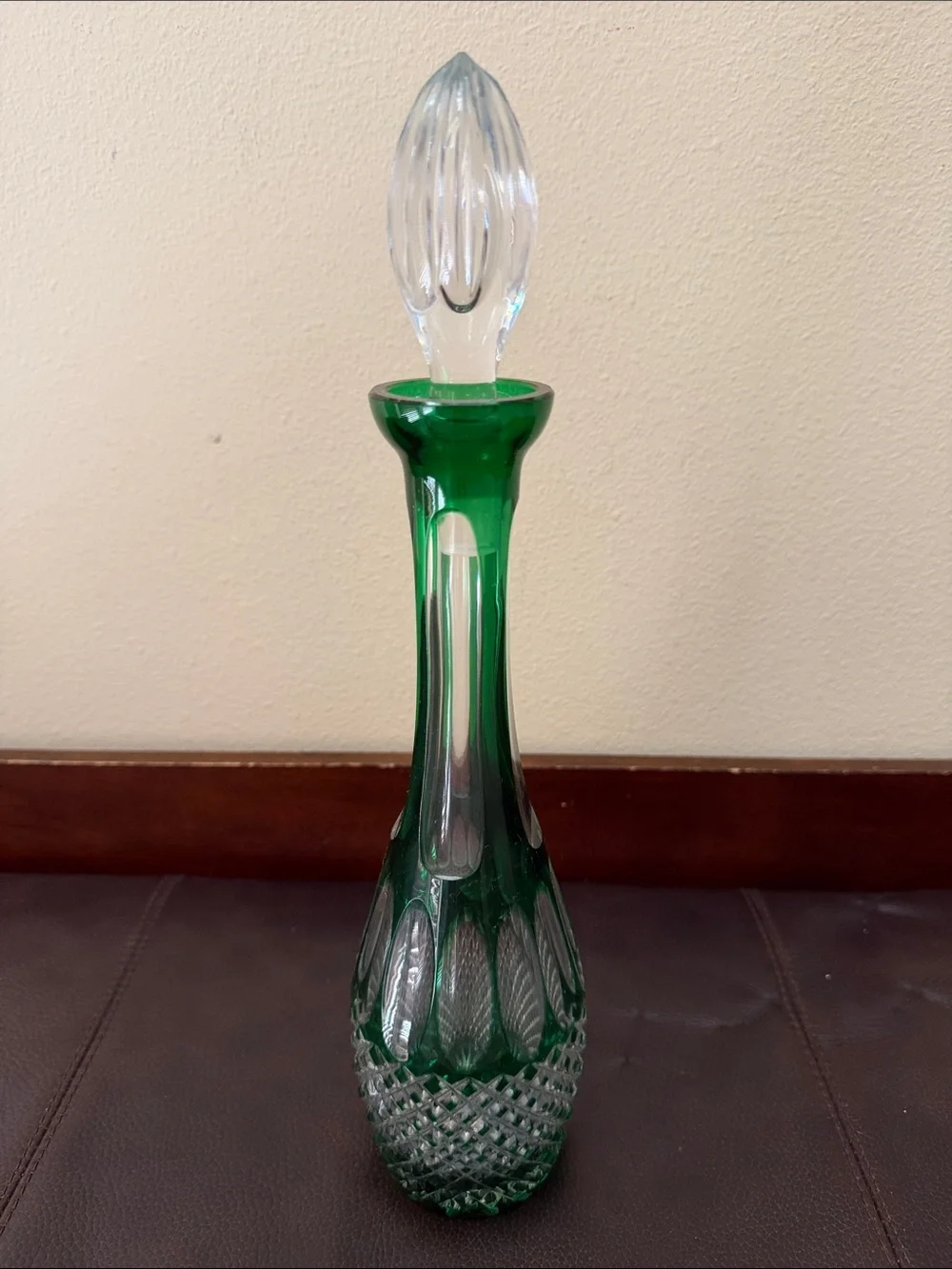 Vintage Bohemian Emerald Green Cut-to-Clear Crystal Decanter